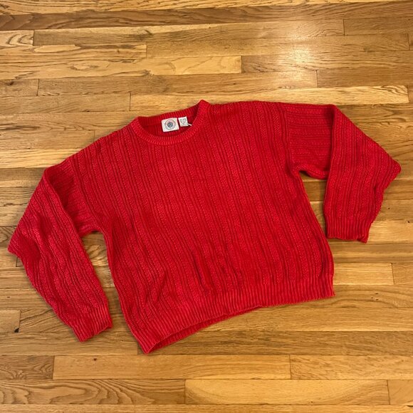Vintage 90s Red Cable Knit Cape Isle Knitters Cotton-Ramie Sweater - Men's Large - Picture 1 of 3